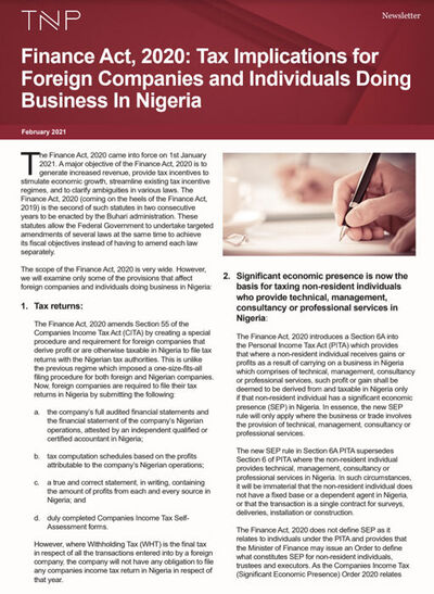 Finance Act, 2020: Tax Implications for Foreign Companies and Individuals Doing Business In Nigeria
