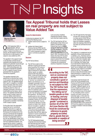 Tax Appeal Tribunal holds that Leases on real property are not subject to Value Added Tax