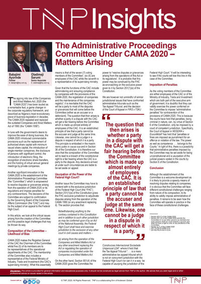 The Administrative Proceedings Committee Under CAMA 2020 – Matters Arising